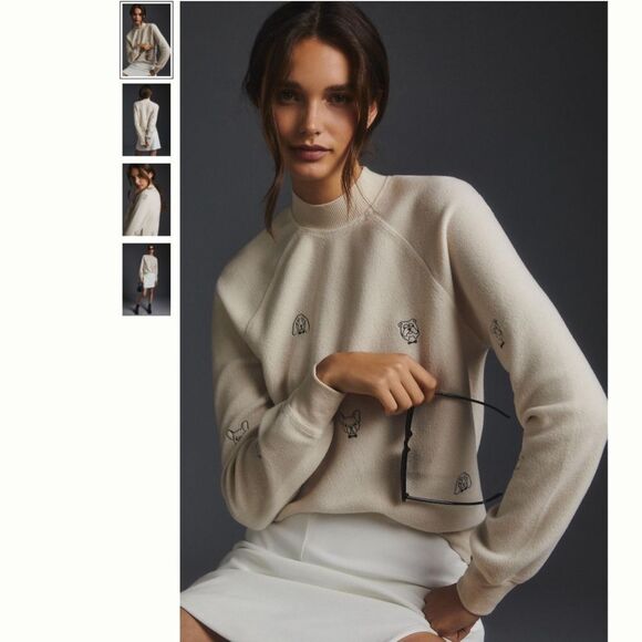 Anthropologie Tops - Anthropologie T.La Embroidered Mock-Neck Sweatshirt Bulldog
